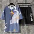 thumbnail image 4 of Camisetas y pantalones cortos deportivos para gimnasio, trajes para hombre, ropa de verano de gran tamaño de color caqui, conjunto moderno de 2 piezas, conjuntos para hombre, moda barata 5xl 2024, 4 of 5