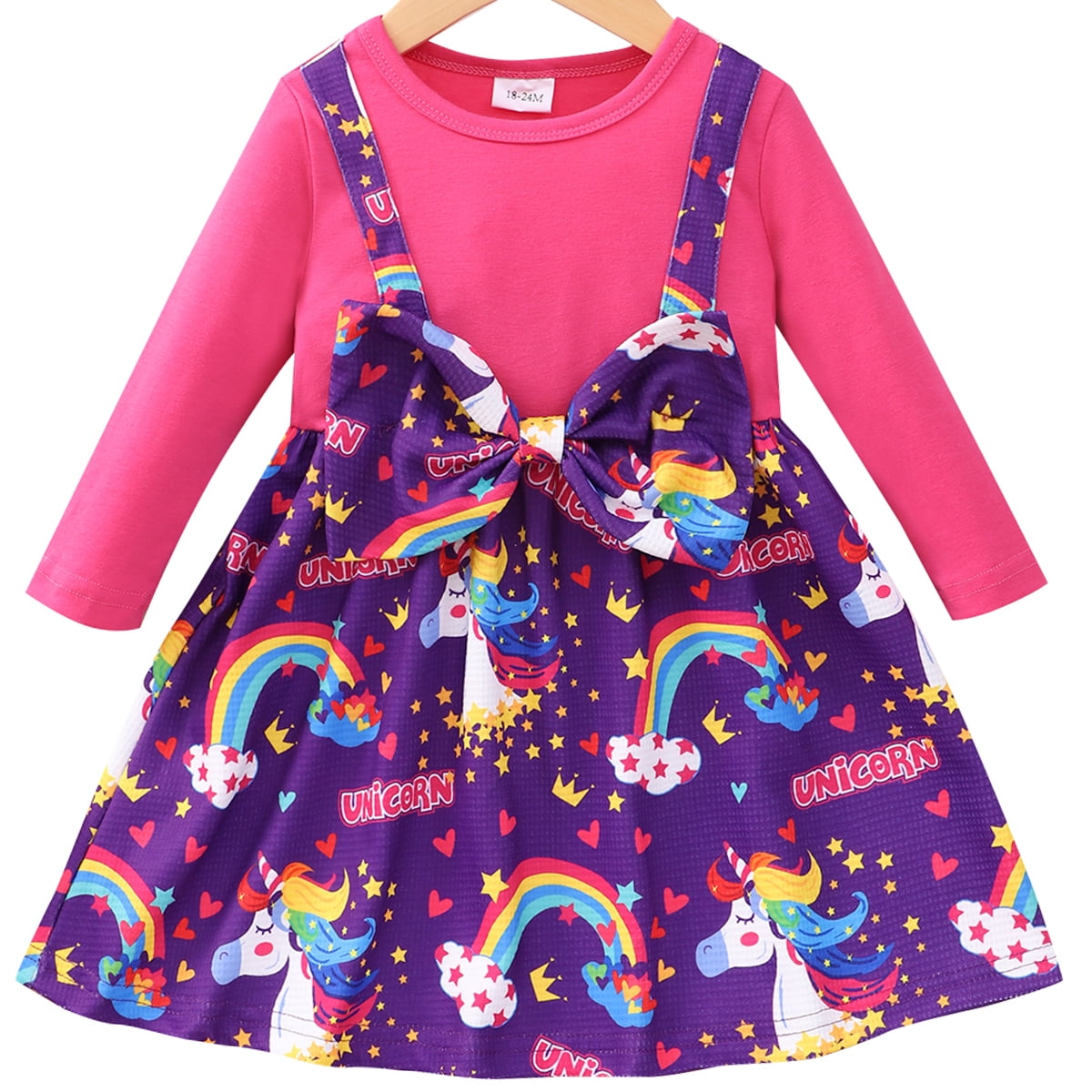 Popshion Toddler Girls Unicorn Bowknot Dress Colorblock Round Neck Casual Midlength Fall Dress