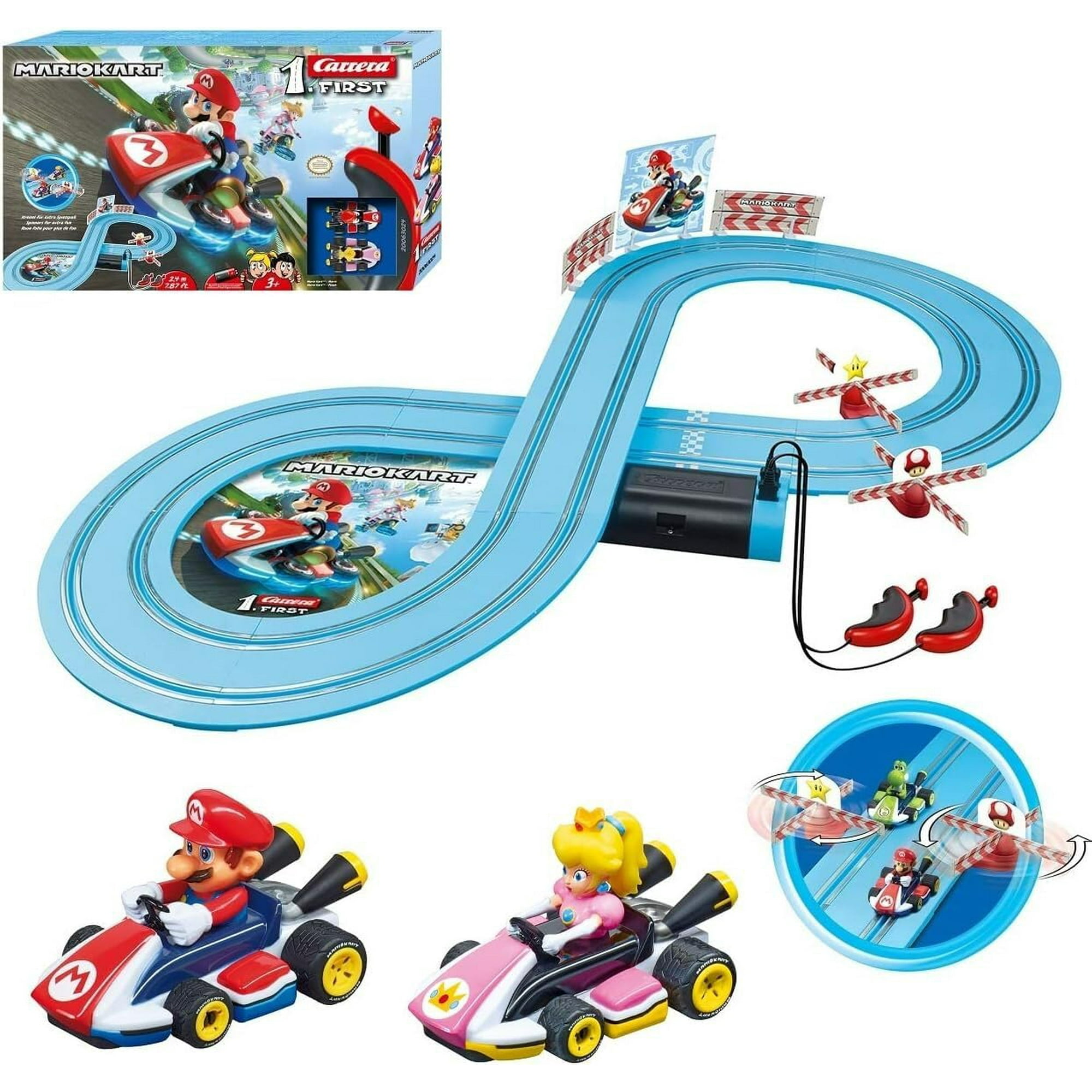 Carrera First Mario Kart Slot Car Race Track with Spinners Includes 2 Cars Mario and Peach Battery Powered Beginner Racing Set for Kids Ages 3 Years and Up Walmart