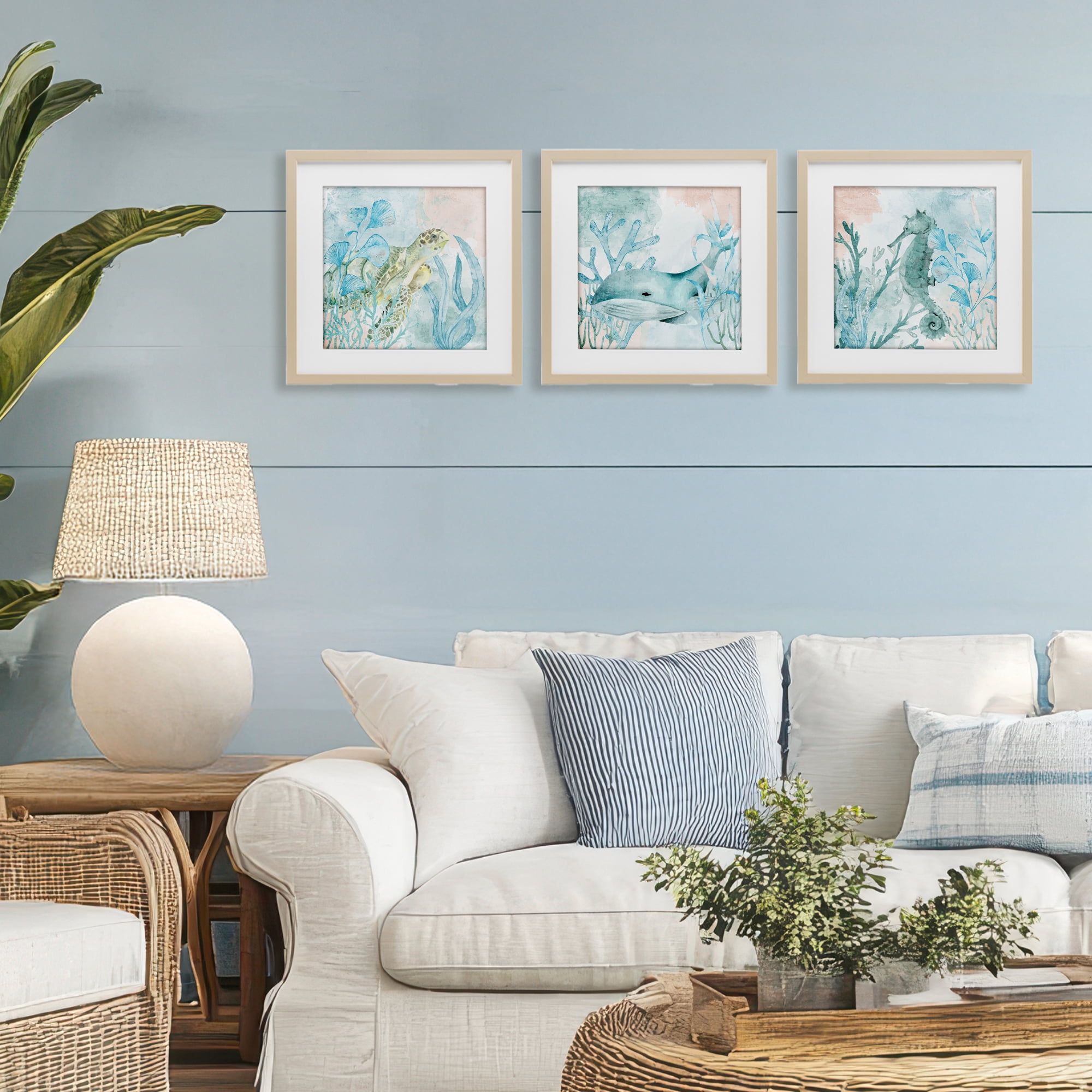 Stupell Industries Aquatic Animals Sea Swim 3 Piece Birch Framed Print Under Glass Set, design by Kim Allen