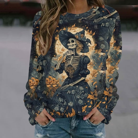 Neewe Womens Fall T-Shirts Halloween Funny Long Sleeve Graphic Tees Tops