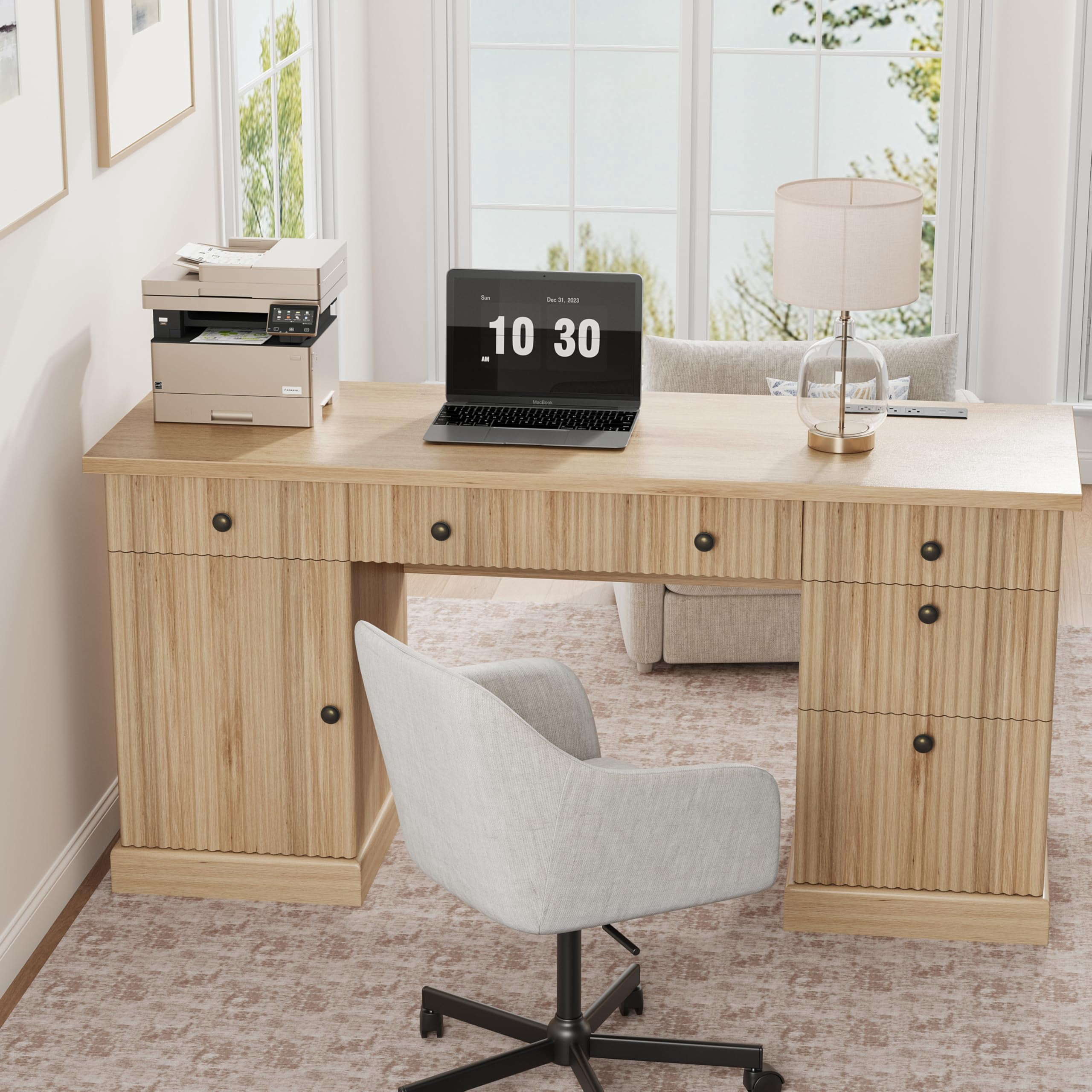 Fluted Home Office Desk Storage, Modern Executive Desk, Wooden Computer Writing Desk with File Cabinet & Drawers for Study, Living Room, Bedroom
