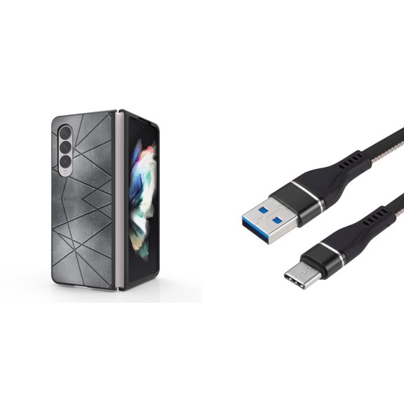 Accessory Bundle for Galaxy Z Fold 4: Slim Snap-On Case (Abstract Grey), Nylon Braided USB-C to USB-A Cable (3 Feet)