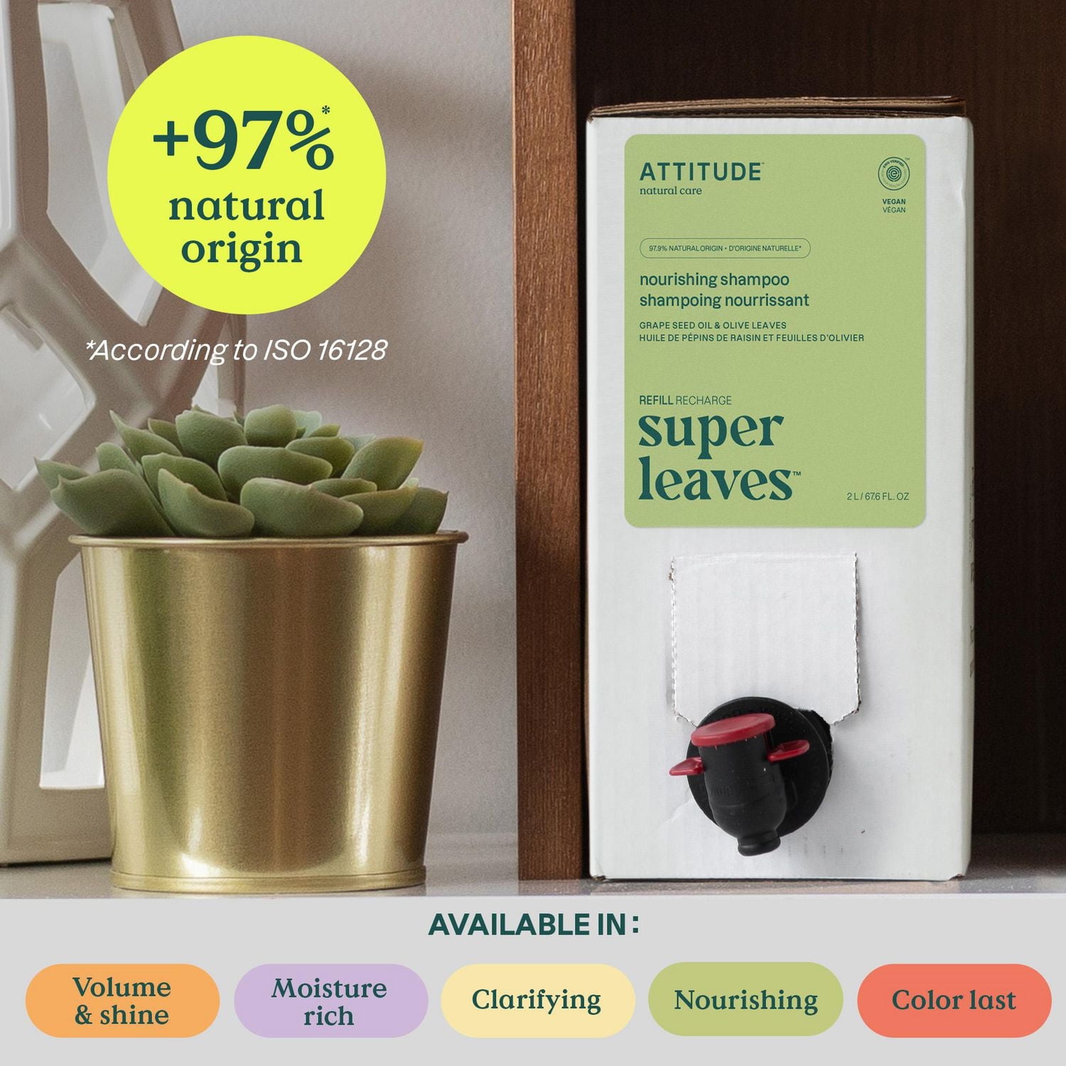 ATTITUDE super leaves, Shampoing Nourrissant, Recharge, Huile de Pépins de Raisins et Feuilles d'Olivier, 2L