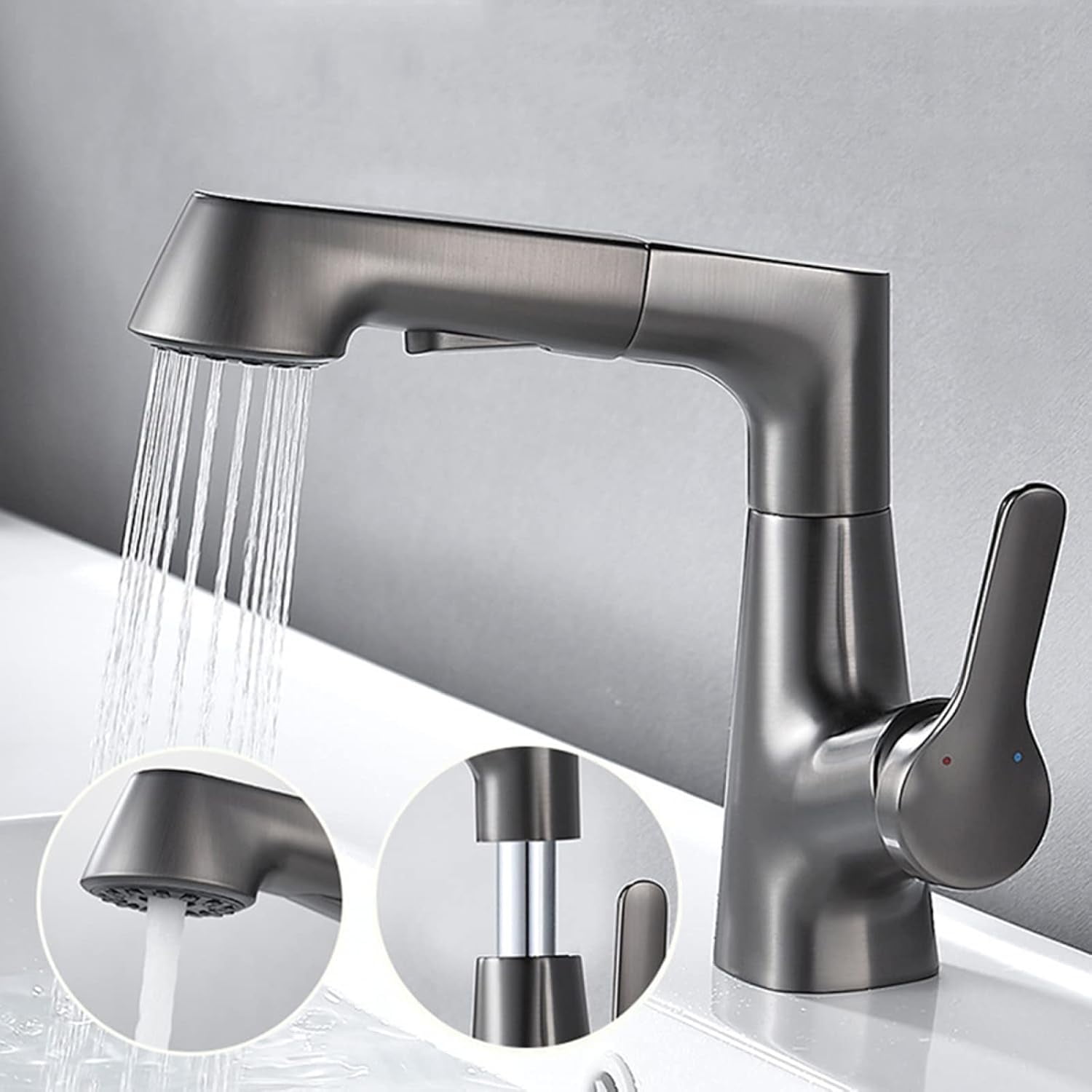 Bathroom Faucet with Pull Out Sprayer, 360° Rotation 2 Modes Faucets for Bathroom, Single Hole Faucet for Bathroom Sink Brass, Bathroom Faucet Single Handle,Black