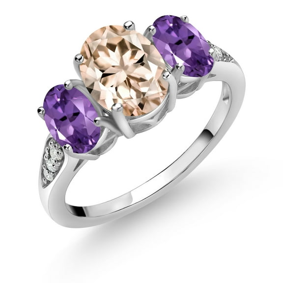 Gem Stone King 10K White Gold Morganite Peach Purple Amethyst and White Lab Grown Diamond 3 Stone Engagement Ring for Women (1.94 Cttw, Gemstone Birthstone, Available in Size 5, 6, 7, 8, 9)