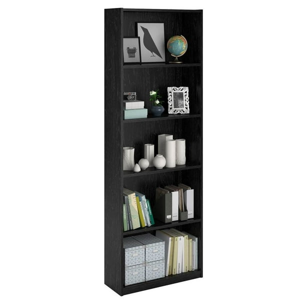 5 Shelf Bookcase In Black Ebony Ash, Black Bookcase With Adjustable Shelves