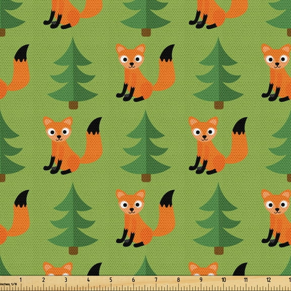 Ambesonne Fox Fabric by the Yard Upholstery, Pattern of Animals and Trees, 1 Yard, Dark Orange and Fern Green
