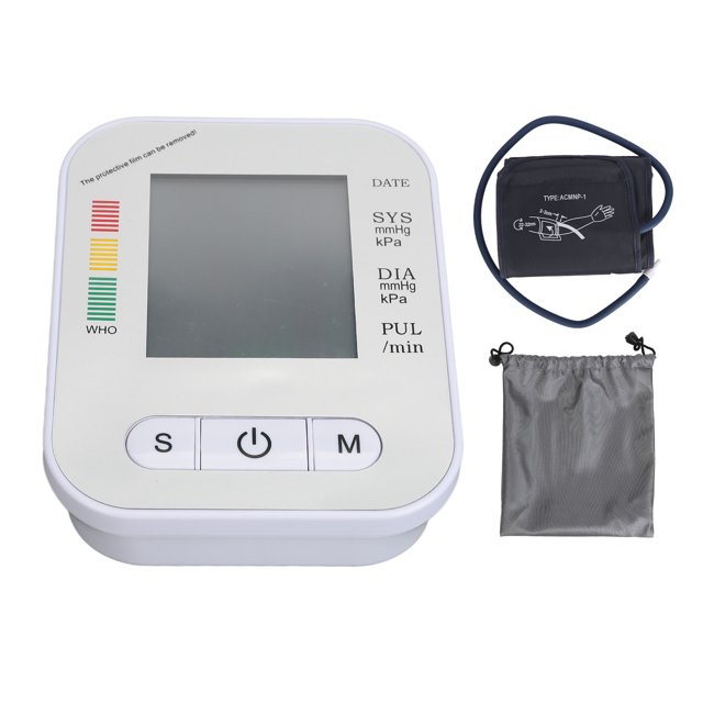 Tensiómetro automático de brazo de alta precisión con panel plateado y recordatorio de voz.