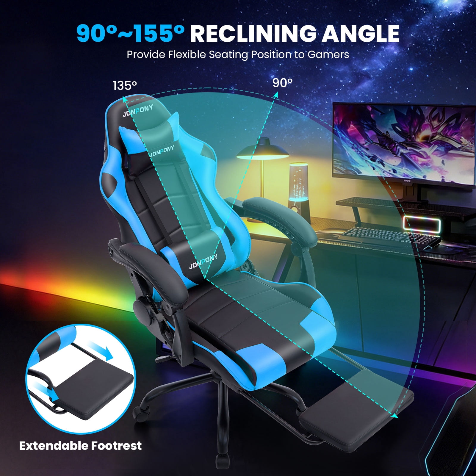 JONPONY Big and Tall 500LBS Gaming Chair, Ergonomic Design, Gamer Chair PU Leather with Footrest and Lumbar Support, High Back Office Chair Support, Long Sitting Computer Chair, Blue