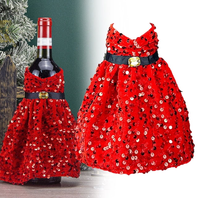 Housse de Bouteille de Vin Paillettes Robe Rouge Décoration de Bouteille de Vin Paillettes Bouteille de Noël pour Décoration de Table de Dîner de Noël