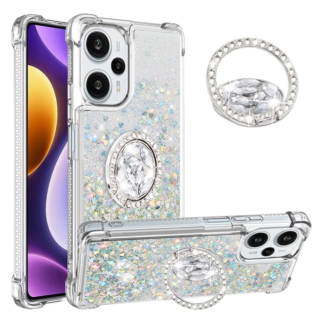 Funda para Xiaomi POCO F5 5G con Brillo Líquido Flotante, Purpurina, Parachoques y Anillo Giratorio Soporte
