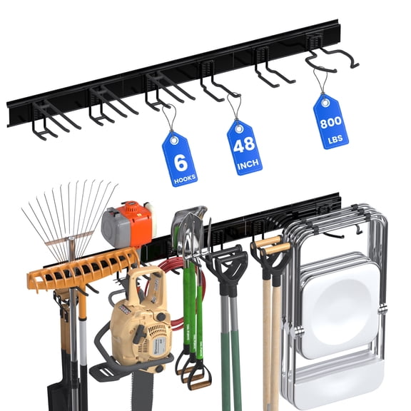 48" Wall Mount Garage Tool Organizer, Heavy Duty Garden Tool Storage Rack with 6 Adjustable Hooks, 800 LBS Capacity for Shovel, Broom, Rake, Ladder, Shed Basement Garage Organization