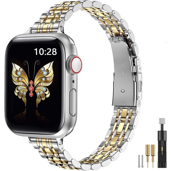 MJSHUN Slim Metal Band Compatible with Apple Watch Band 42mm(Series 11 10) 41mm(Series 9 8 7) 40mm(Series 6 5 4 SE3/2/1) 38mm(Series 3 2 1),Stainless Steel iWatch Bands for Women,Silver/Gold
