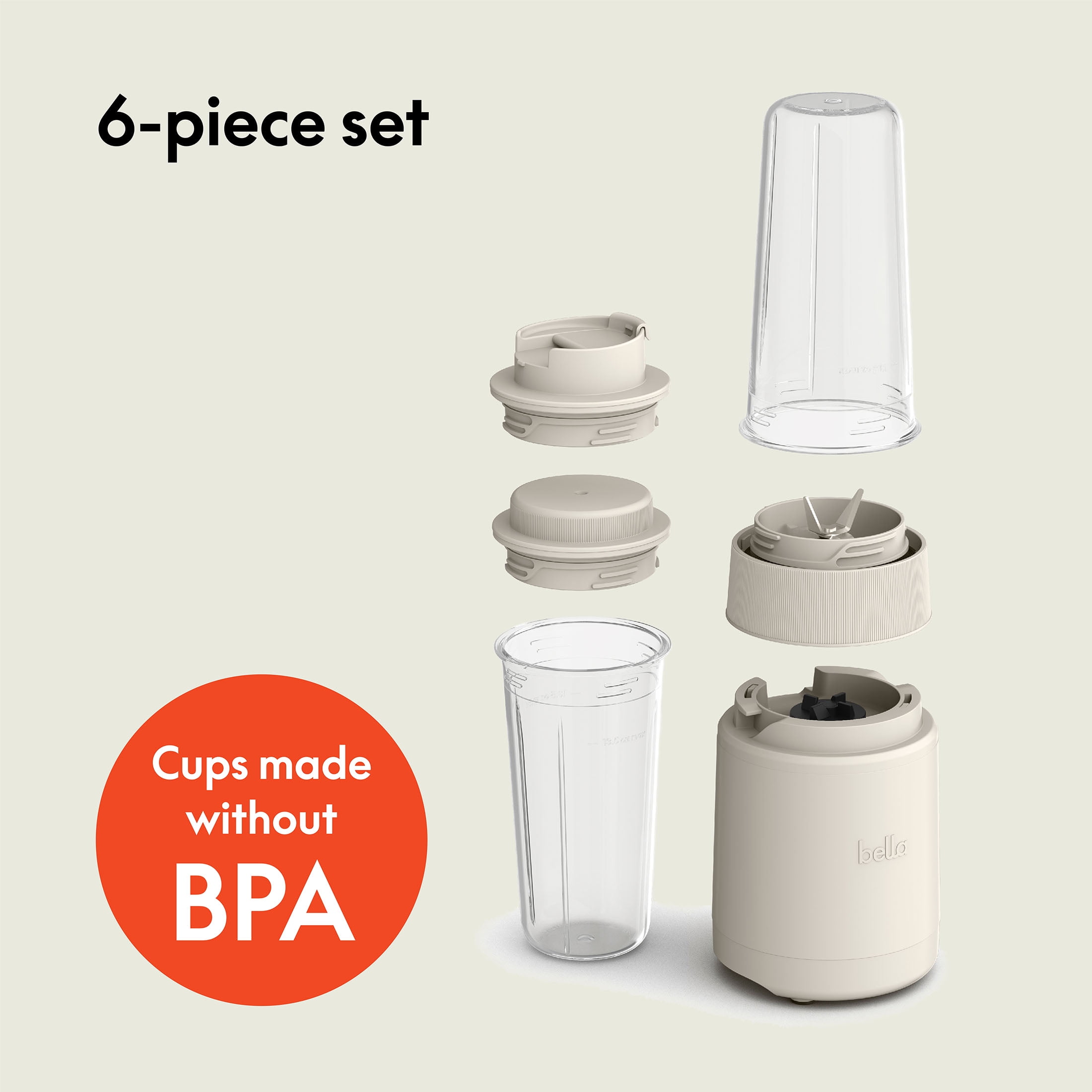 bella 6-Piece Portable Rocket Blender, Personal Smoothie Maker with Durable Stainless Steel Blades, Oatmilk
