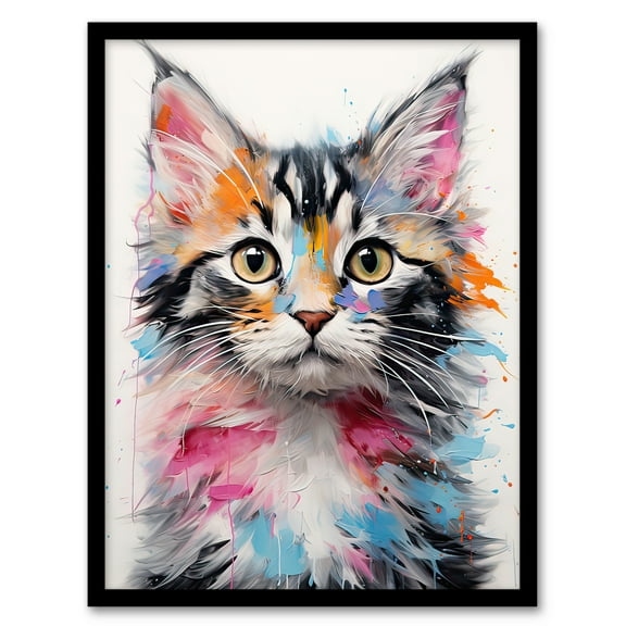 Cute Kitten Bright Oil Painting Orange Pink Blue Baby Cat Artwork Kids Bedroom Art Print Framed Poster Wall Decor 12x16 inch