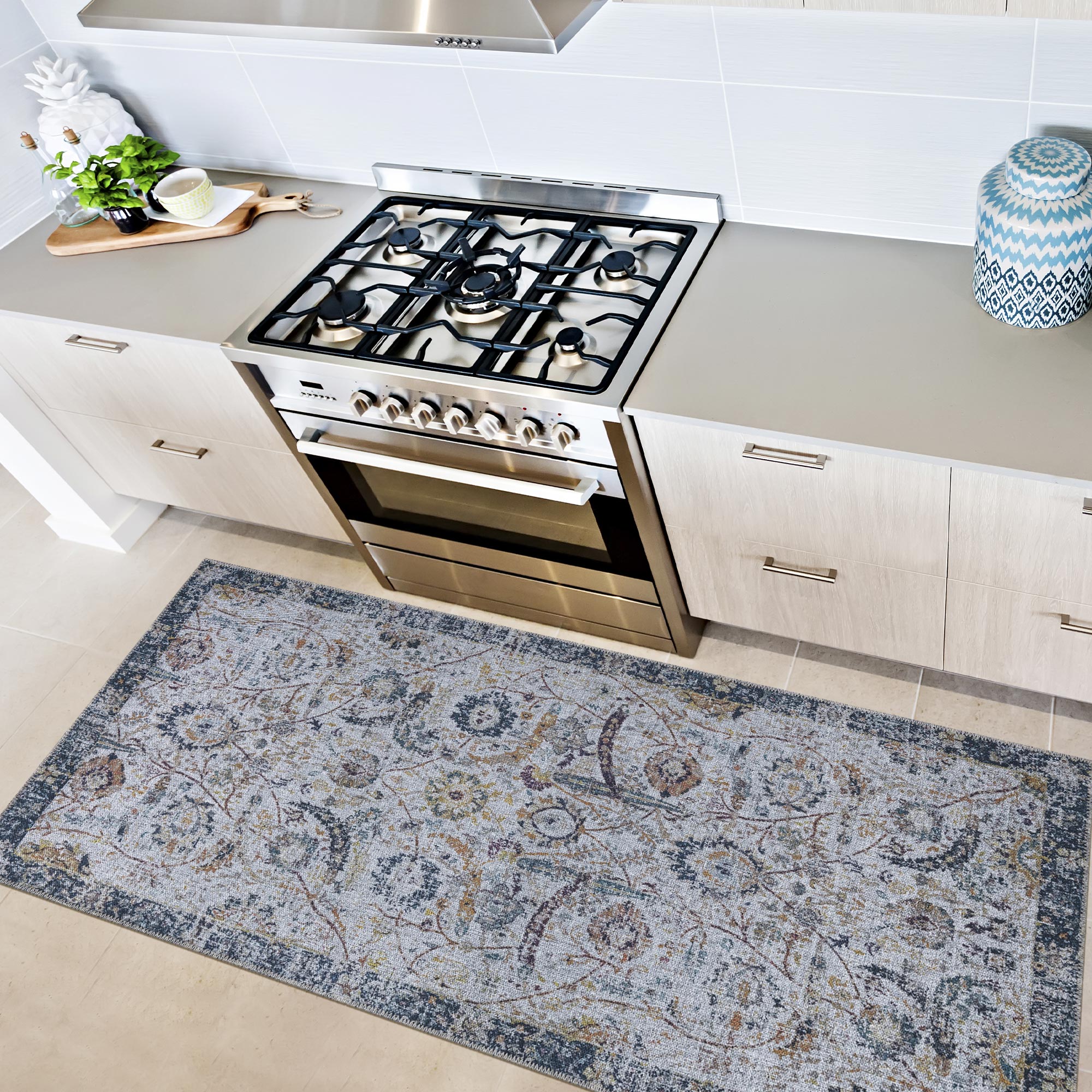 Ottomanson Machine Washable Cotton 3x6 Flatweave Runner Rug for Bedroom, 2'7" x 6', Gray/Blue Floral