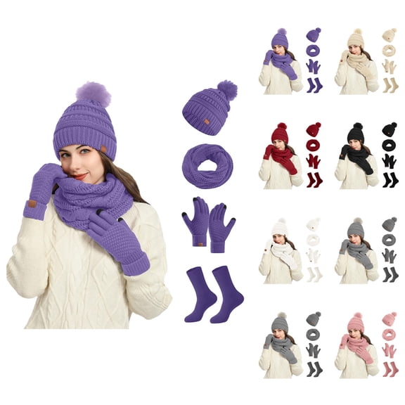 Winter Women's Woolen Hat, Scarf, Gloves & Socks 4-Piece Set – Warm Knit Hat and Scarf with Elastic Fit, Soft Winter Accessories for Women