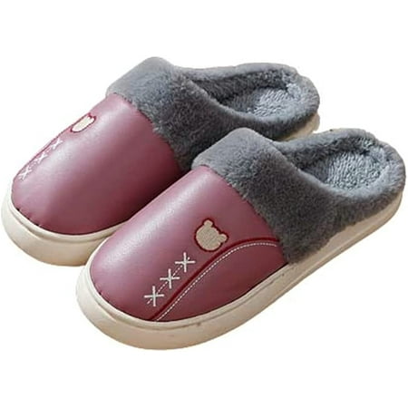 

PIKADINGNIS Women Men Warm Fluffy Faux Fur Soft Slippers Fuzzy Cute Bear Printing Anti-slip Memory Foam House Shoes Home Indoor Outdoor Waterprrof PU Leather Surface