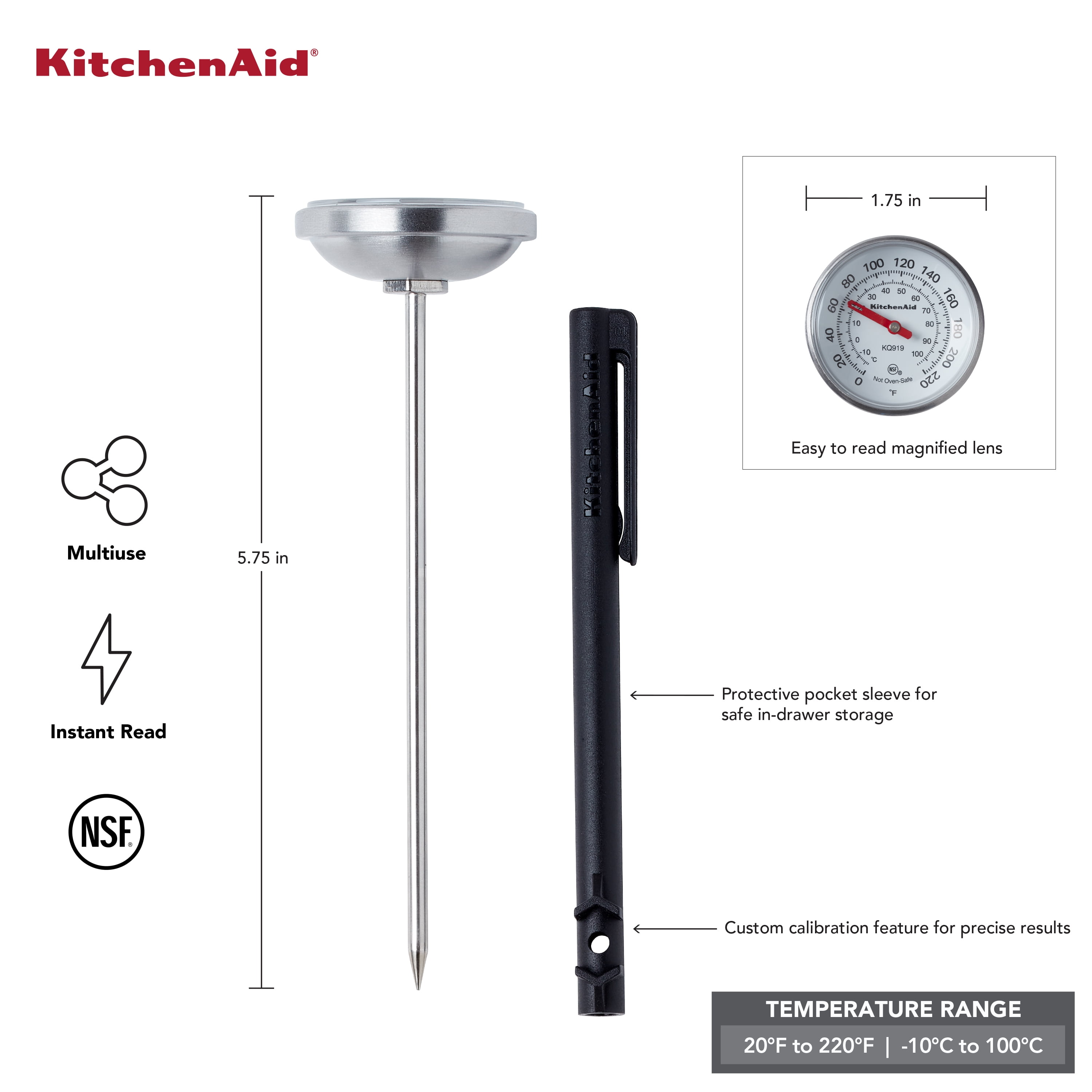 KitchenAid Analog Instant Read Food and Meat Thermometer, Black Storage Sleeve, KQ919