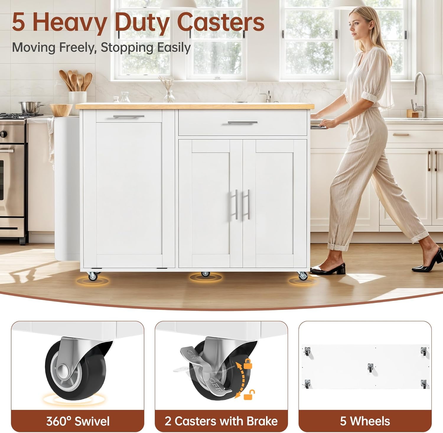 3-Tier Kitchen Island with Hidden Trash Can Storage, Rolling, Drop Leaf, Spice Rack & Drawer