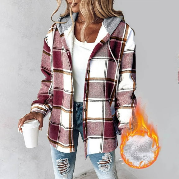 Women's Casual Plaid Hooded Jacket with Button Front and Warm Fleece Lining for Everyday Comfort