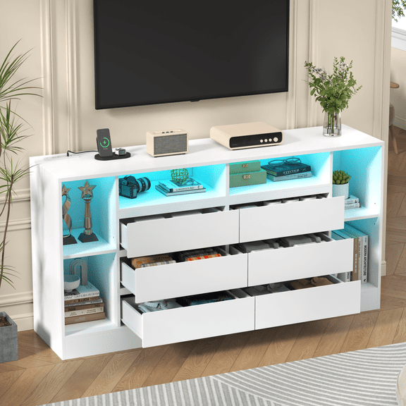 Modern 6 Drawer Dresser with LED Lights & Charging Station, Wide Bedroom Dresser with 6 Open Shelves for TV Stand Storage, White