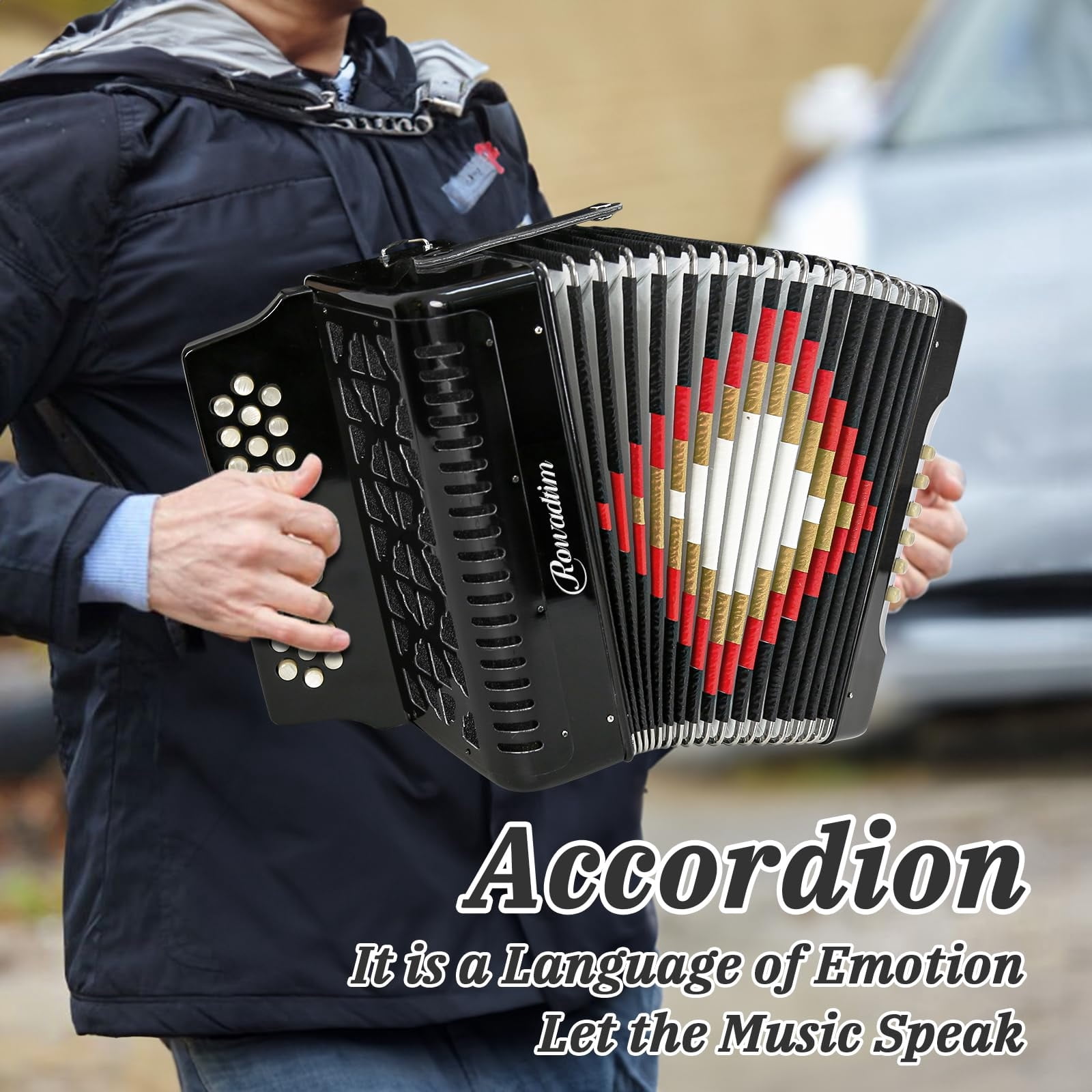 Rowadtim 31-Key Accordions, 12-Bass Diatonic Accordion, Ideal for Beginners; Tuned to F/B/E, Perfect for Musicians and Teachers; Comes with a Carrying Case, Shoulder Strap, Gloves（Black）