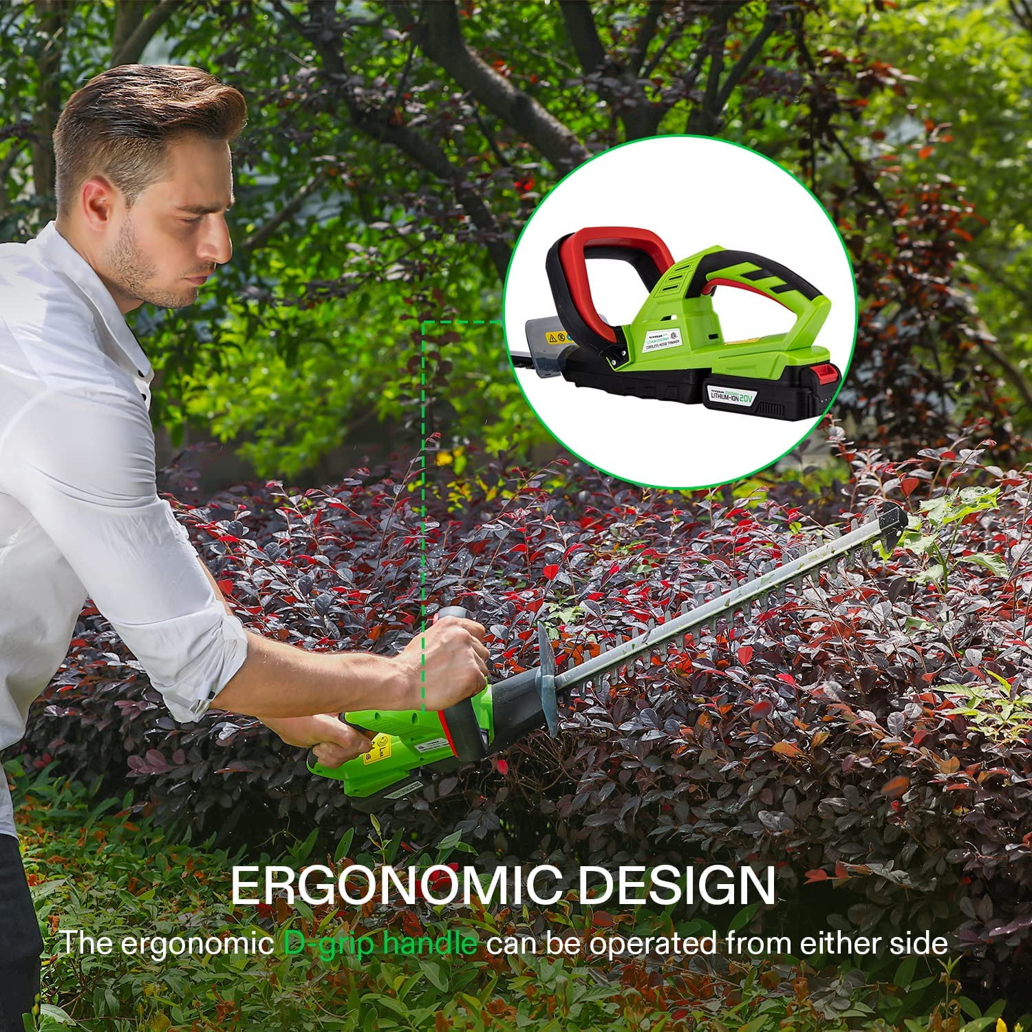 VIVOSUN 20V Cordless Hedge Trimmer 20 inches Blade Length Dual-Action Laser Blade Battery and Gardening Hand Pruner Included