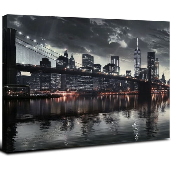 Acheng Canvas Wall Art, New York Manhattan Night View Black and White Cityscape Art, New York City Skyline Poster, New York Black and White Canvas Wall Art, Large Canvas Wall Art