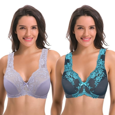 Curve Muse Women s Minimizer Unlined Underwire Bra With Lace Embroidery-2 Pack-Lavender Gray-34D