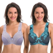 Curve Muse Women's Minimizer Unlined Underwire Bra With Lace Embroidery-2 Pack-Lavender,Gray-46DD