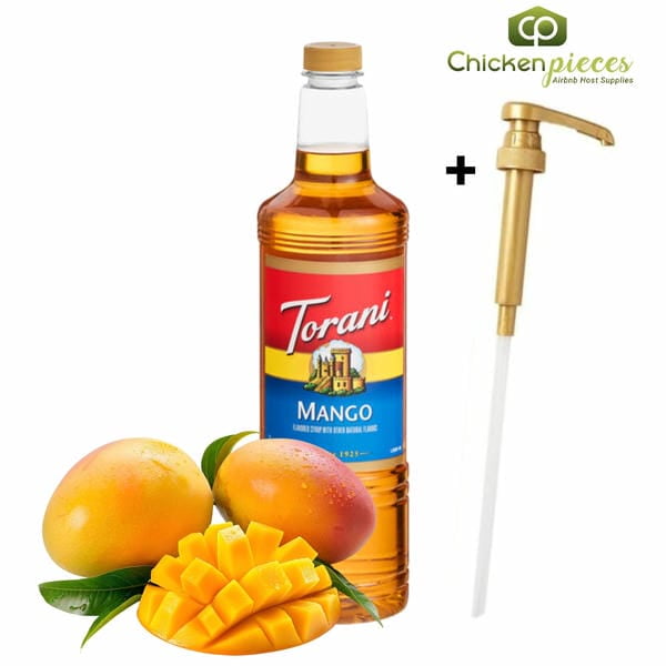 Torani Mango Flavoring Syrup, Professional Juicy Tropical Base, Shatter-Resistant 1L Plastic Bottle + Bonus Squeeze Pump
