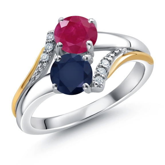 Gem Stone King 10K Yellow Gold and 925 Silver Blue Sapphire and Red Ruby and White Lab Grown Diamond Accent Engagement Ring for Women (1.18 Cttw, Gemstone September Birthstone, Round 5MM, Size 7)