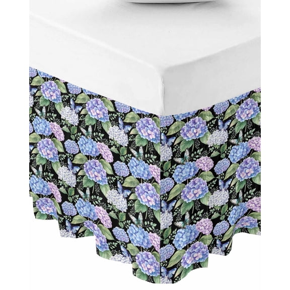 Purple Hydrangea Bed Skirt Queen Size 18 Inch Drop, Wrap Around Bed Skirts, Spring Floral Elegant Pastoral Flowers Elastic Bedskirt Pleated Bed Frame Cover Luxurious Dust Ruffle for Queen Bed
