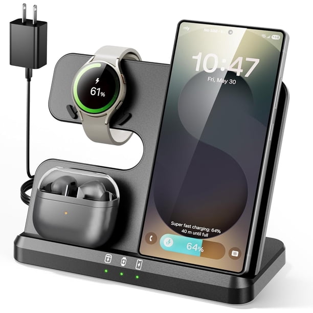 Cargador Inalámbrico 3 en 1 para Samsung/iPhone, Cargador para Samsung S24/S23 Ultra/S22 Ultra/S23/S23 /Z Fold 4/Flip 4/S22, para Galaxy Watch 6/5/5 Pro/4, Estación de Carga Buds (Negro),Negro