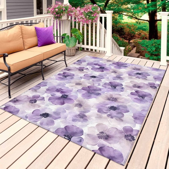 Purple Spring Floral Outdoor Rug for Patio/Deck/Porch, Non-Slip Large Area Rug 5 x 7 Ft, Summer Botanical Watercolor Indoor Outdoor Rugs Washable Area Rugs, Reversible Camping Rug Carpet Runner