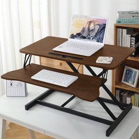Standing Desk Converter, 32 Inch Standing Desk Adjustable Height for Table Tops and Home Office, Desk Riser Computer Workstation with Wide Keyboard Tray 2-Tier Desktop, Walnut Color