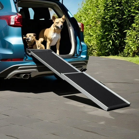 Pefilos 63" Dog Ramp for Car, Foldable Aluminum Dog Car Step Ramp with PVC Handle, High-Traction Surface, Pet Ramp Ladder for Truck, Black