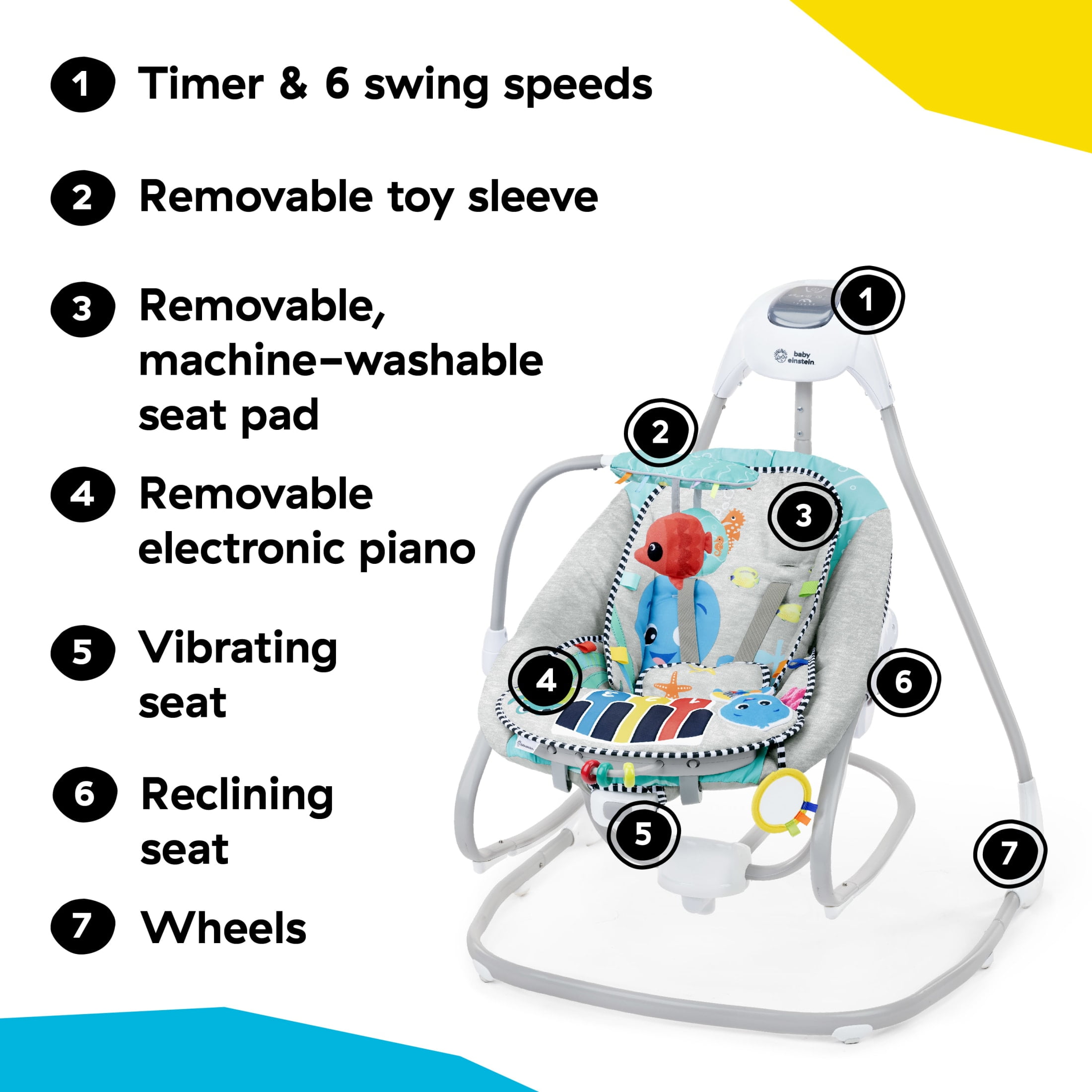 Baby Einstein Ocean Explorers Kick to It 4-in-1 Musical Swing & Rocker, with Removable Piano, 0+ Months