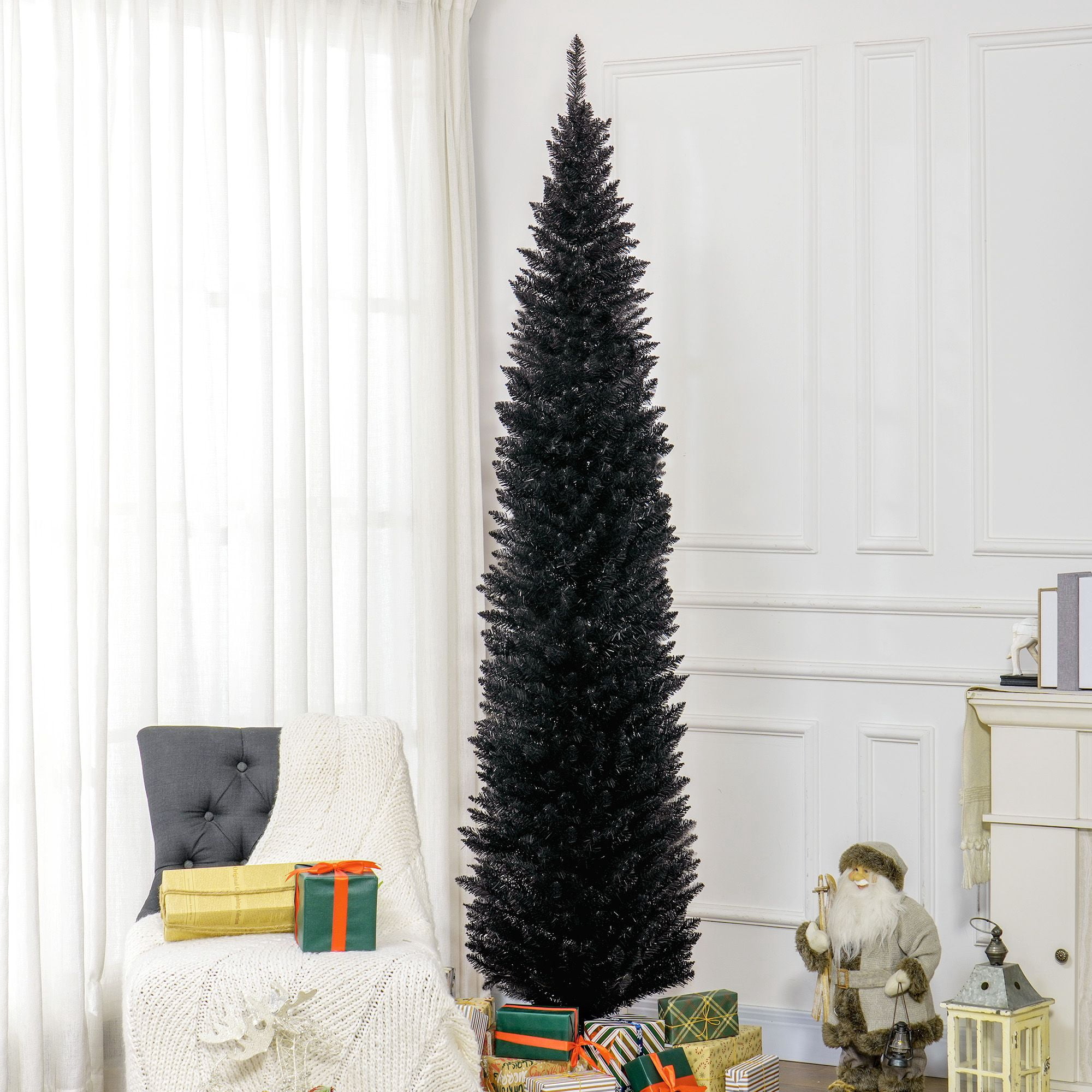 8 ft Tall Skinny Christmas Tree, Unlit Pencil Artificial Tree with 618 Tips and Plastic Base for Holiday Decor