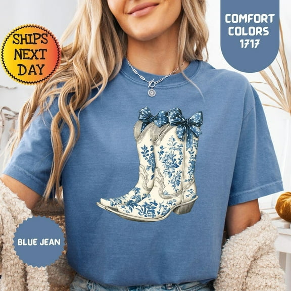 Cowgirl Boots Shirt, Blue And White Boots Tshirt For Women, Toile De Jouy Shirt, Coquette Cowgirl Gift, Western Graphic Tee Unisex S-5XL Hot Trending Shirt, Vintage Birthday Gift