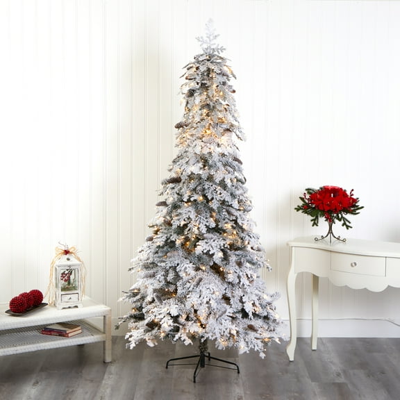 Nearly Natural 8' Flocked Spruce Artificial Christmas Tree Prelit with LED Lights, White
