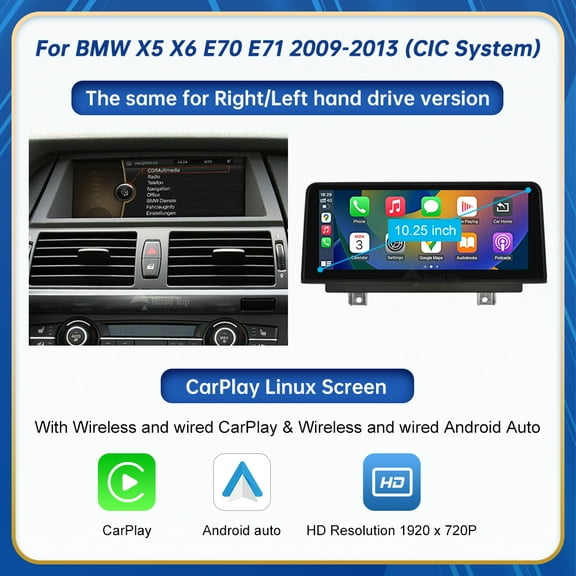 Road Top 10.25 inch Car Stereo with Apple Carplay for BMW X5 X6 E70 E71 2009-2013 with CIC System Wireless Touchscreen with Android Auto GPS Navigation Mirrorlink