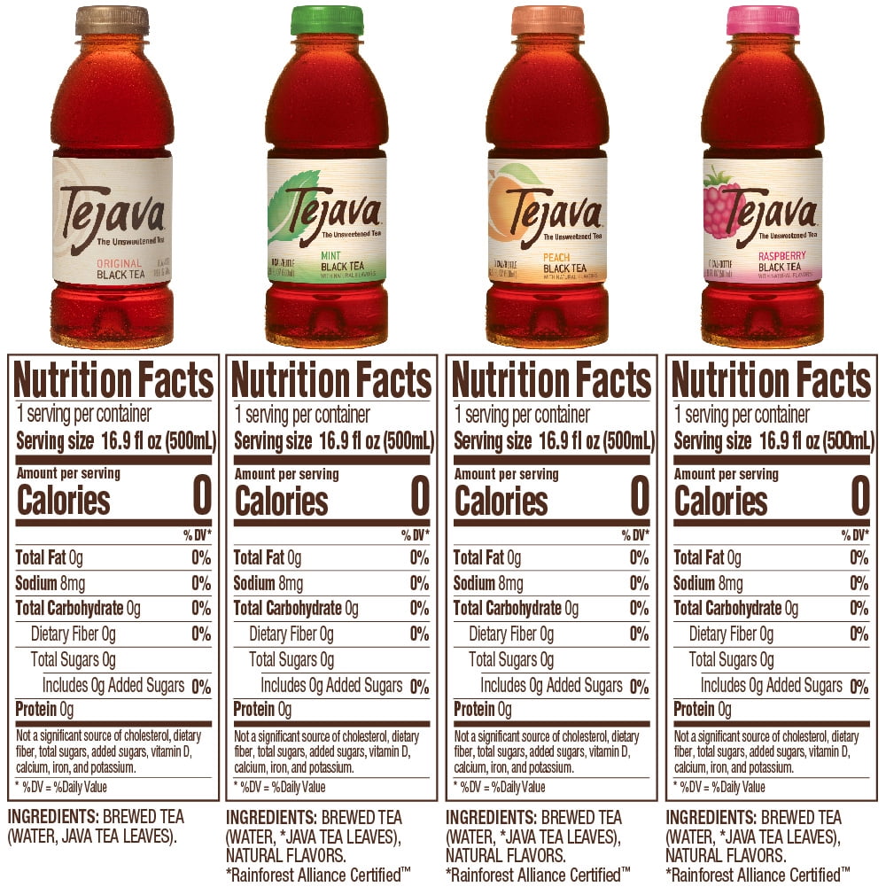 Tejava Unsweetened Black Iced Tea 4 Flavor Variety Pack, 16.9oz Pet Bottles, Award Winning, Non-Gmo-Verified, Rainforest Alliance-Certified (12 Pack)