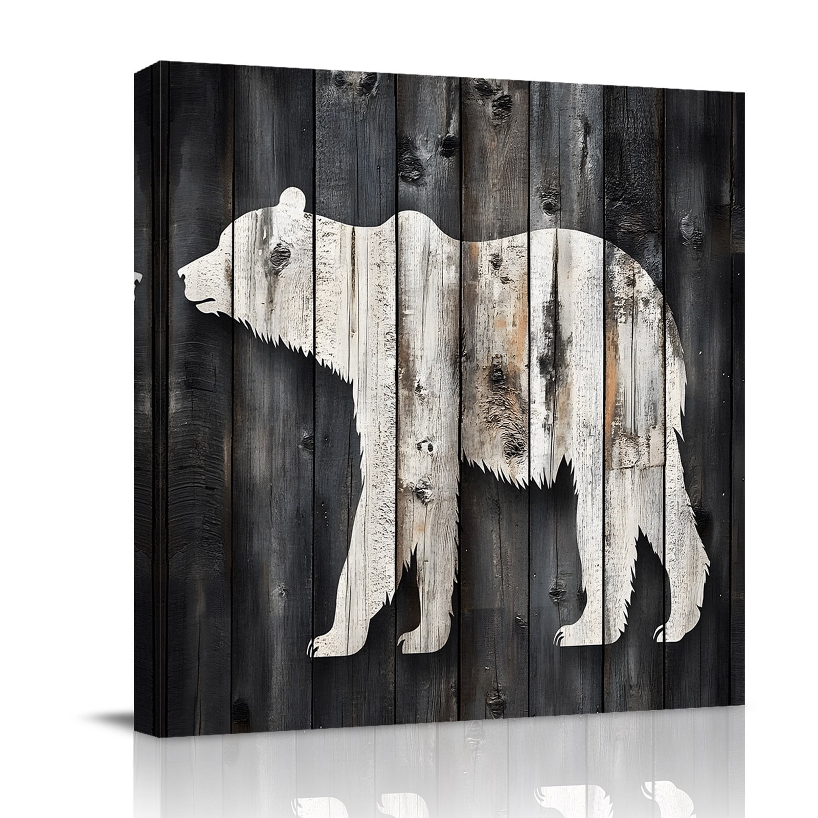 Canvas Wall Art White Brown Bear Framed Canvas Prints for Bathroom Kitchen Farmhouse Country Vintage Wood Grain Gallery Wrapped Wall Decor for Home Office Gifts 10 x10 Ship Next Day