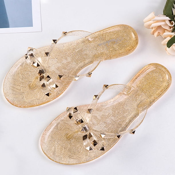 Zapatos de gelatina con tachuelas Sandalias de tanga con zapatos de ducha con lazo Diapositivas de moda para mujer