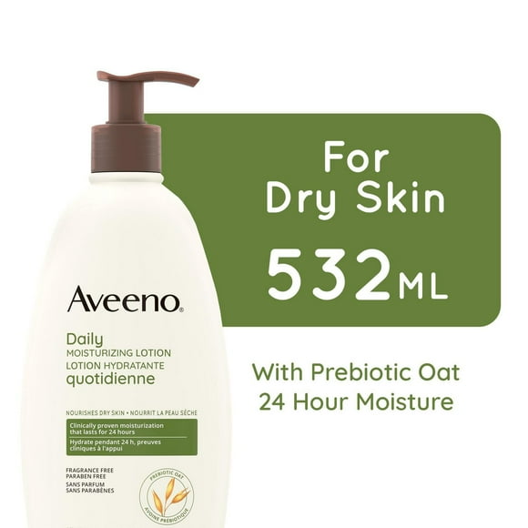 Lotion hydratante quotidienne Aveeno, peau sèche, non comédogène, avoine prébiotique, sans parfum 532 ml