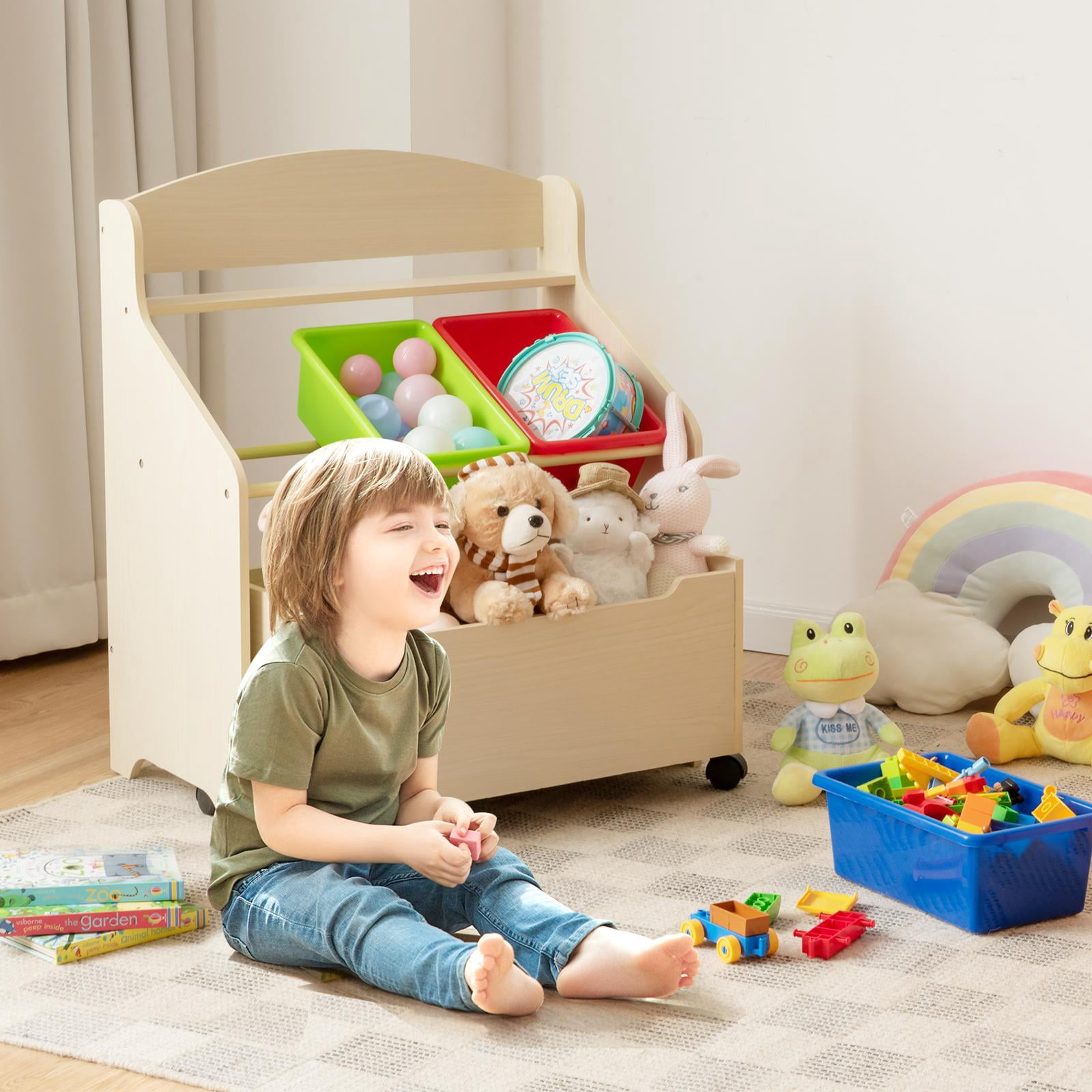 Giantex Wooden Kids Toy Storage Organizer, Toddler Furniture Storage Unit w/Wheels for Child's Bedroom Playroom, Natural