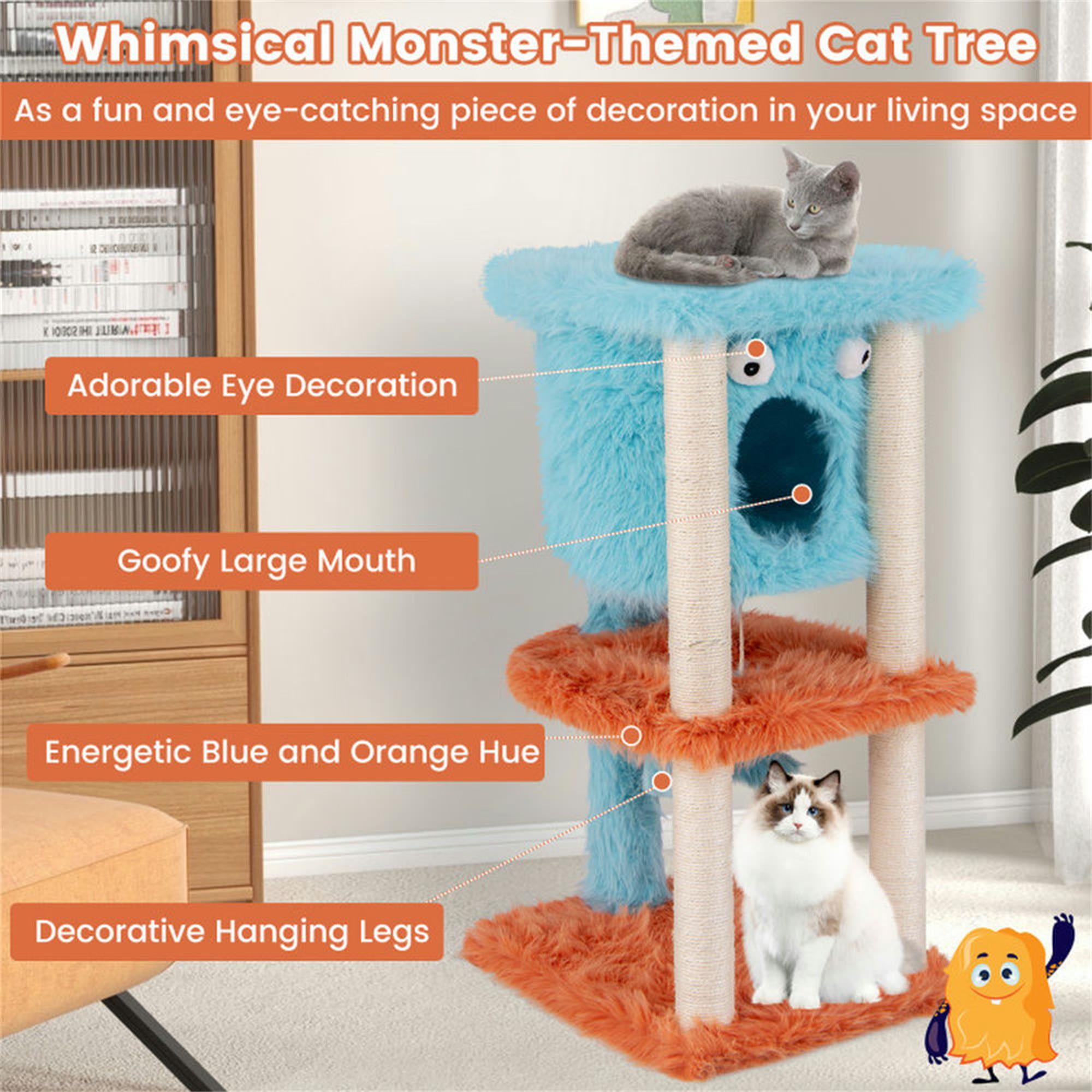 Kadyn 34" Cute Monster-Themed Cat Tree Tower with Private Cat Condos for Small Place, Blue+Orange